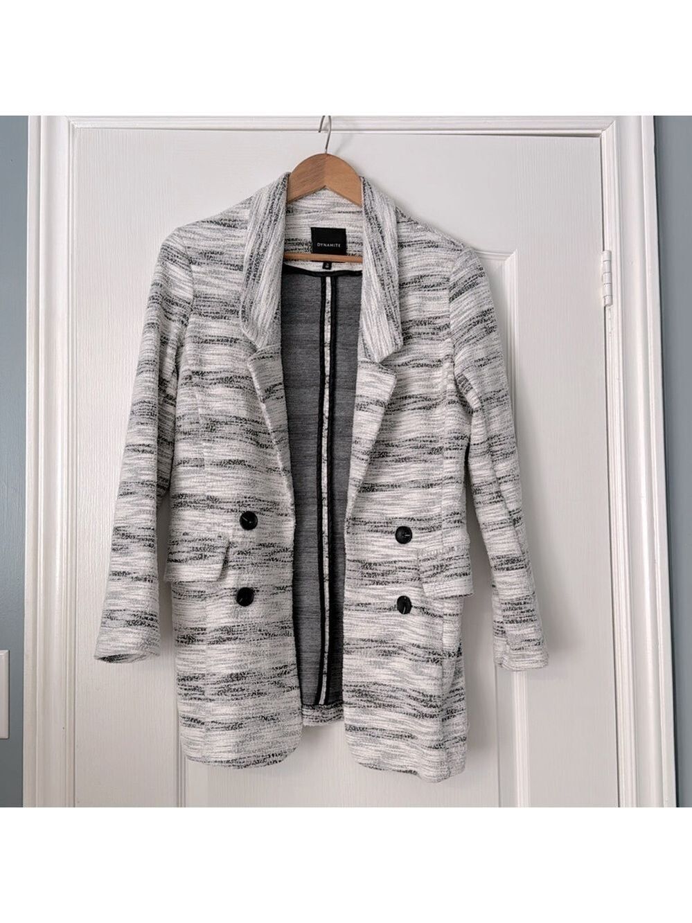 Dynamite Black White Heathered Notch Collar Open Front Blazer Medium